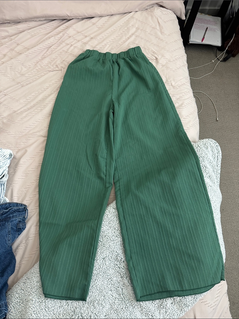 Wide-Leg Green Pinstripe Pants